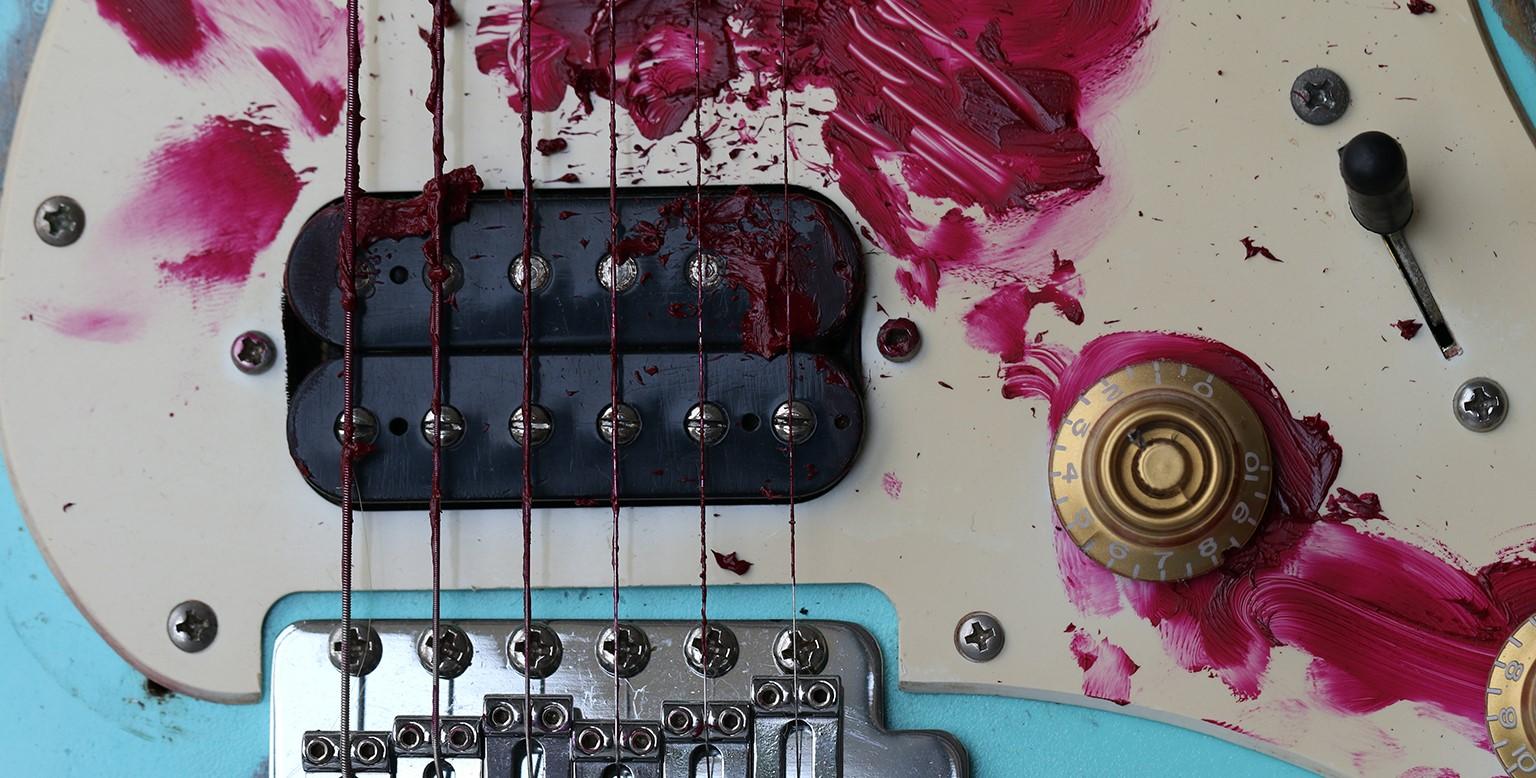 Mhm. Limited edition color photograph of a assembled guitars body sculpture - Photograph by Kevin Krag