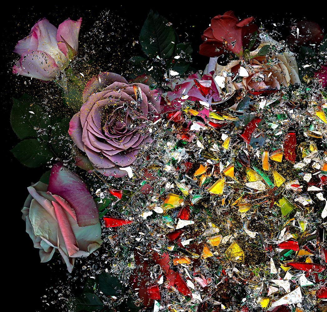 Broken celebrity n°7. Abstrait et fleurs  Photographie numérique à collage de couleur - Noir Color Photograph par Zoltan Gerliczki