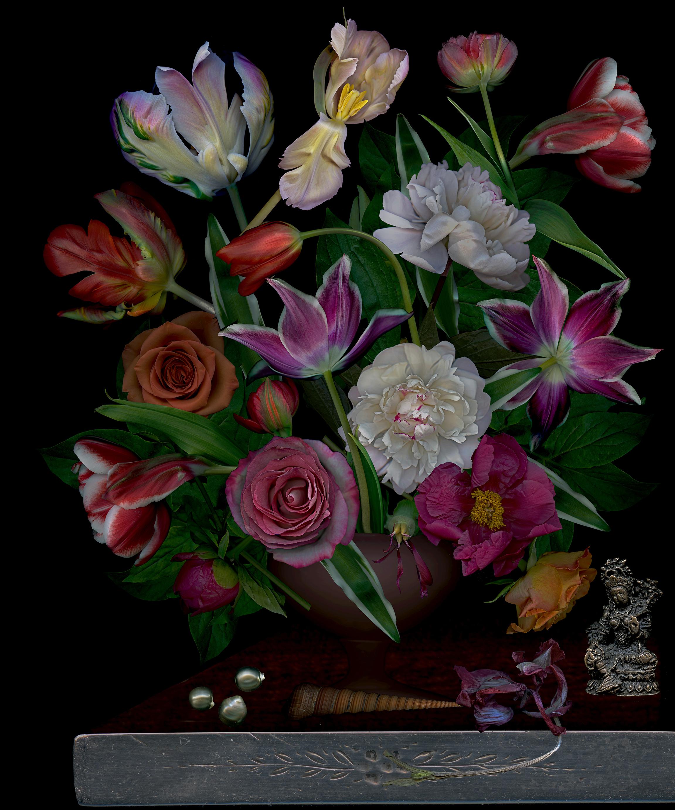 Zoltan Gerliczki Still-Life Photograph - Still Life with Black Pearls. Flowers. Digital Collage Color Photograph