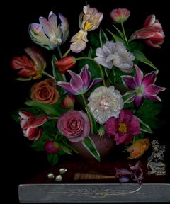 Still Life with Black Pearls. Flowers. Digital Collage Color Photograph