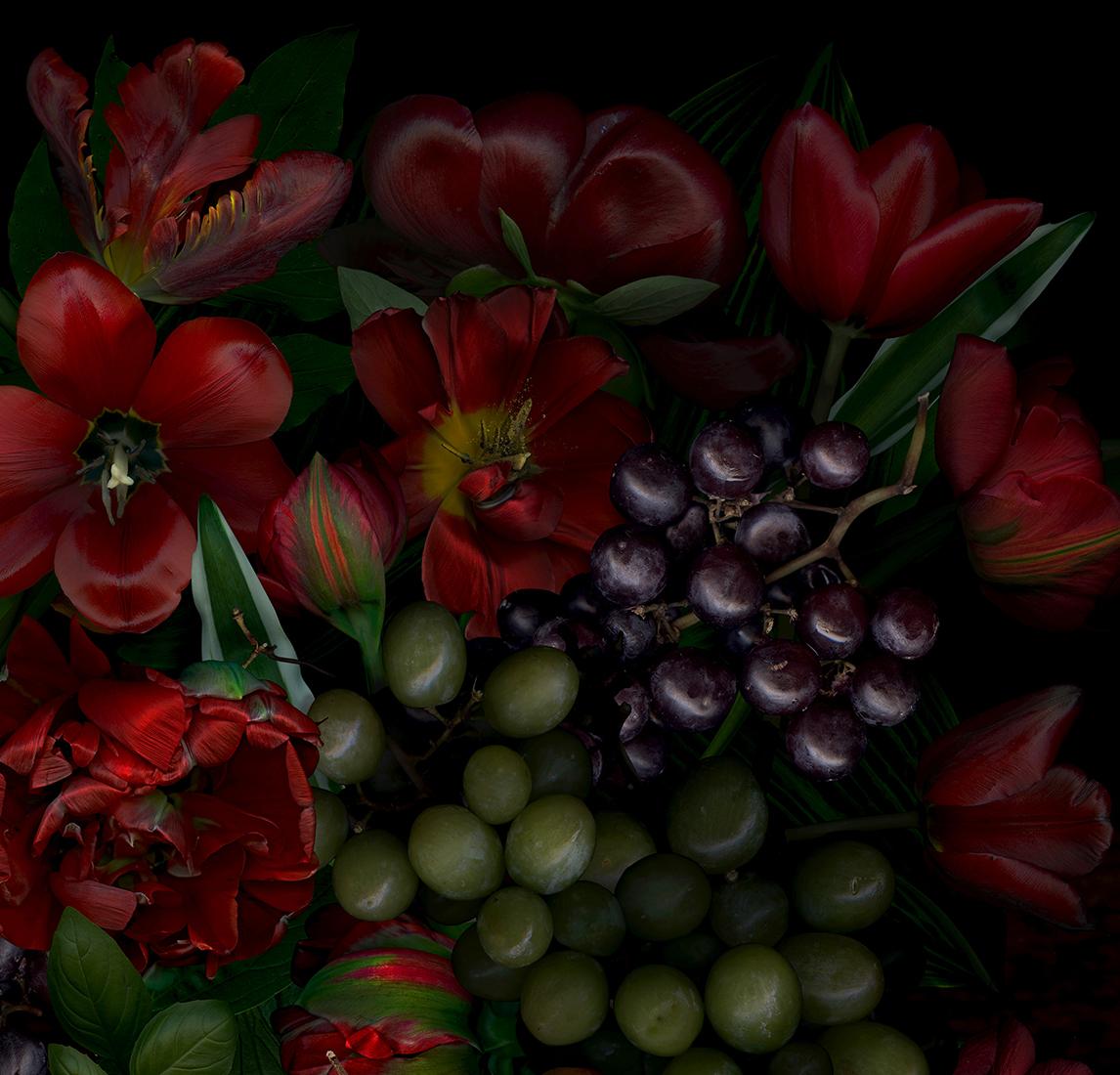 Still Life with Grapes.  Flowers and fruits. Digital Collage Color Photograph For Sale 2