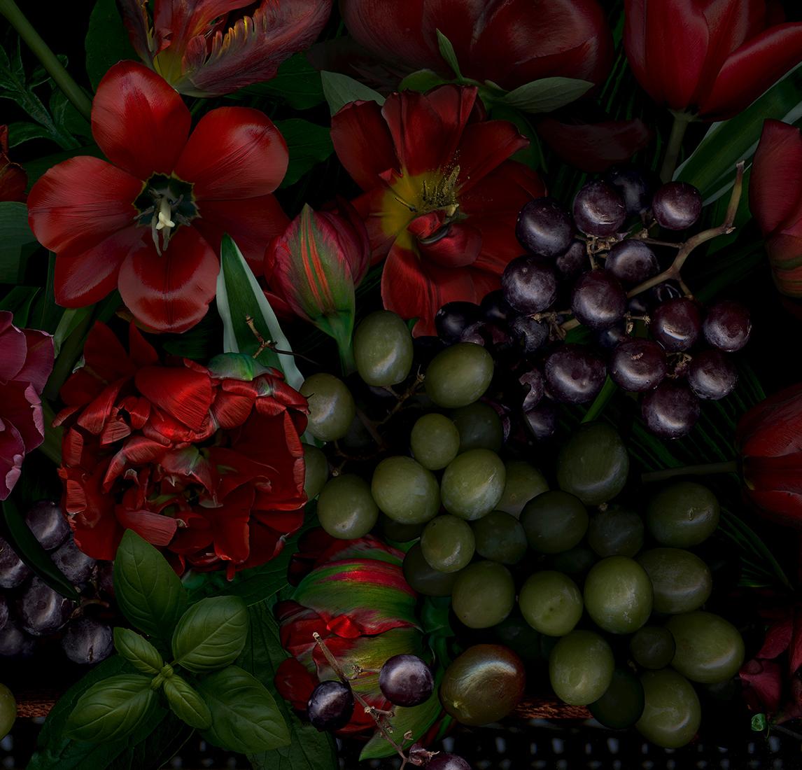 Still Life with Grapes.  Flowers and fruits. Digital Collage Color Photograph For Sale 1