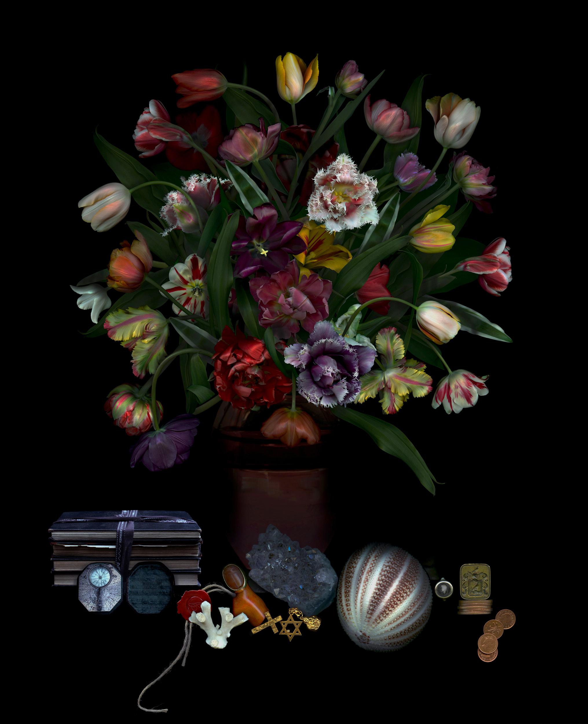 Still Life with Tulips. Flowers. Digital Collage Color Photograph