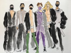 Designer Gareth Pugh, Fashion show models 2021. Watercolor drawing on paper