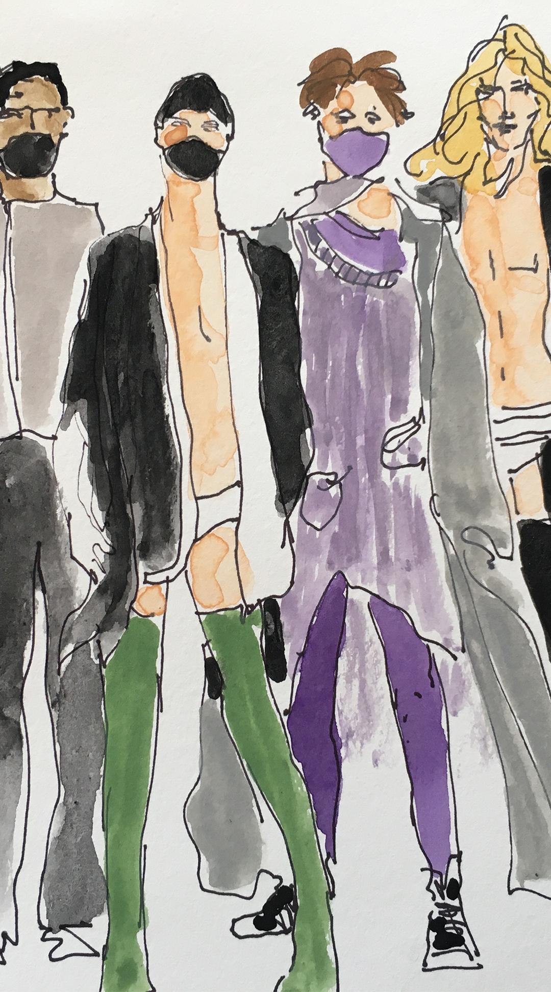 Gareth Pugh, mannequins de défilé de mode 2021. Dessin à l'aquarelle sur papier - Contemporain Art par Manuel Santelices