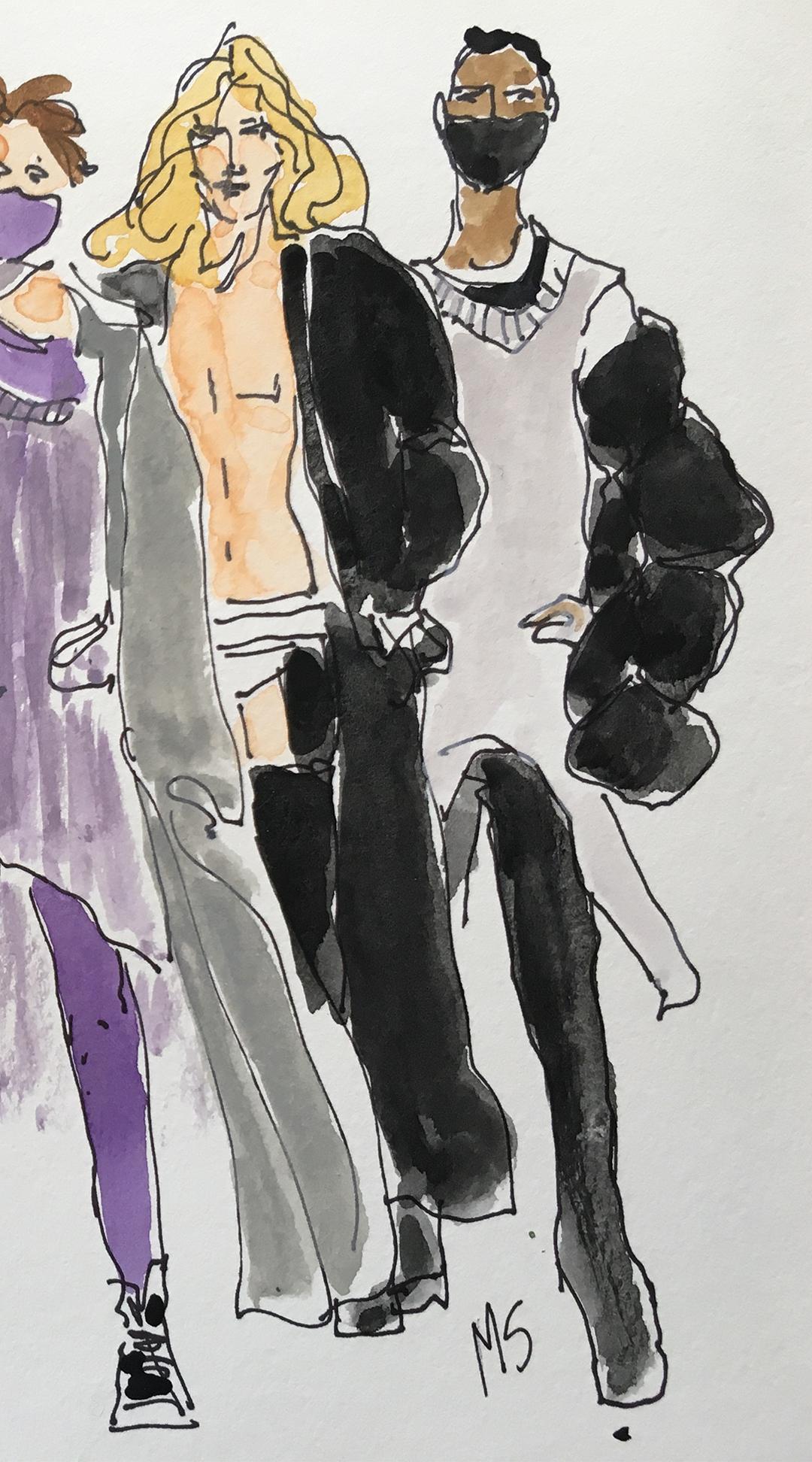 Gareth Pugh, mannequins de défilé de mode 2021. Dessin à l'aquarelle sur papier - Gris Figurative Art par Manuel Santelices