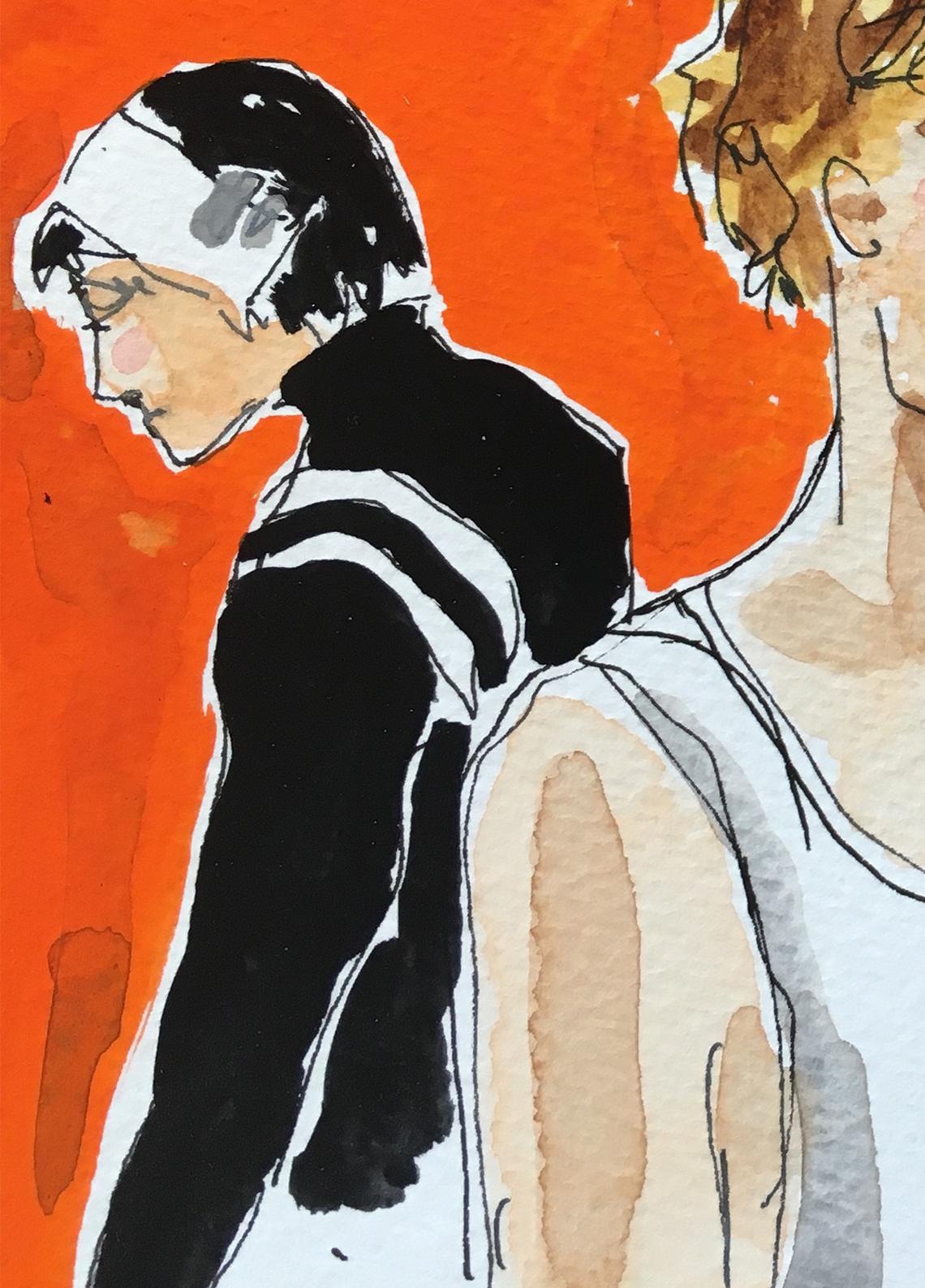 Orange Backstage, Fashion shows NYC 2021. Watercolor drawing  on paper - Painting by Manuel Santelices