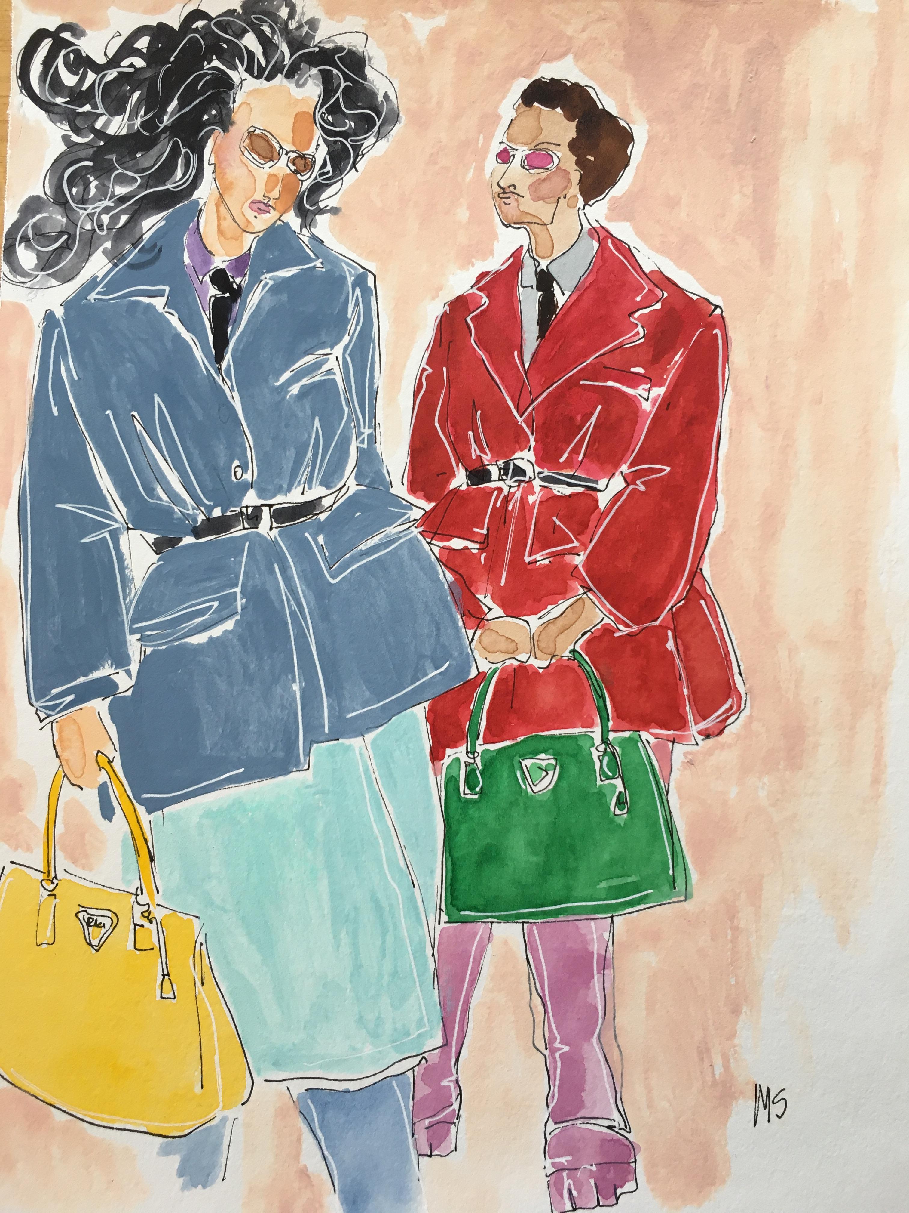 Manuel Santelices Figurative Art - Prada Bag Ladies, Fashion New York City 2021. Watercolor fashion drawing on pape