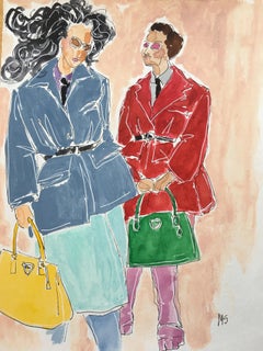 Prada Bag Ladies, Fashion New York City 2021. Watercolor fashion drawing on pape