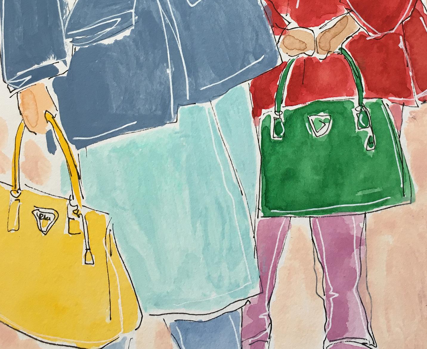 Prada-Tasche für Damen, Mode New York City 2021. Aquarell-Mode-Zeichnung auf Pape (Zeitgenössisch), Art, von Manuel Santelices