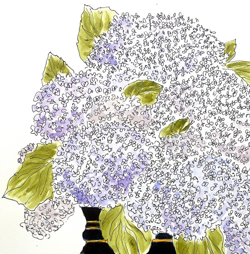 Hydrangeas, 2021 Ink pen, and watercolor on paper - Contemporary Painting by Manuel Santelices