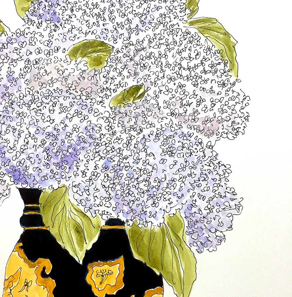 Hydrangeas, by Manuel Santelices
Ink pen, and watercolor on paper
Image size: 24 in. H x 18 in. W 
One of a Kind
Unframed
2021

The worlds of fashion, society, and pop culture are explored through the illustrations of Manuel Santelices, a Chilean