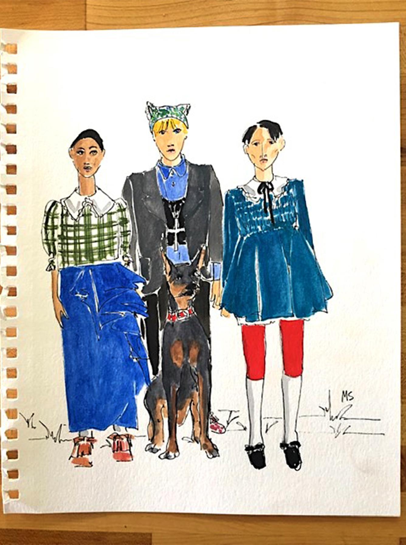 Gucci Fall, Fashion show models 2020. Watercolor fashion drawing on paper - Art by Manuel Santelices