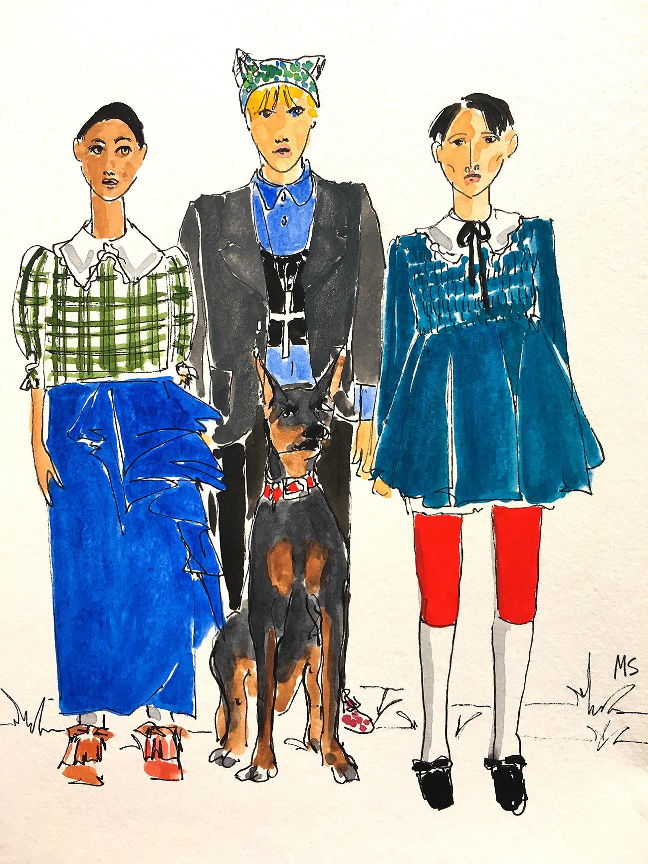 Gucci Fall, défilé de mode modèles 2020. Dessin à la mode à l'aquarelle sur papier