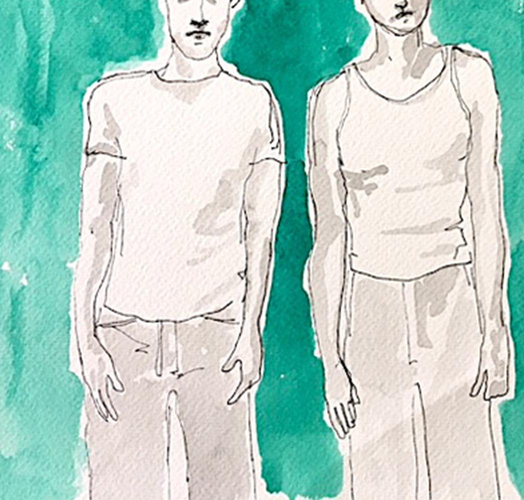 hommes, mannequins de mode new york city 2021 Dessin de mode à l'aquarelle - Contemporain Art par Manuel Santelices