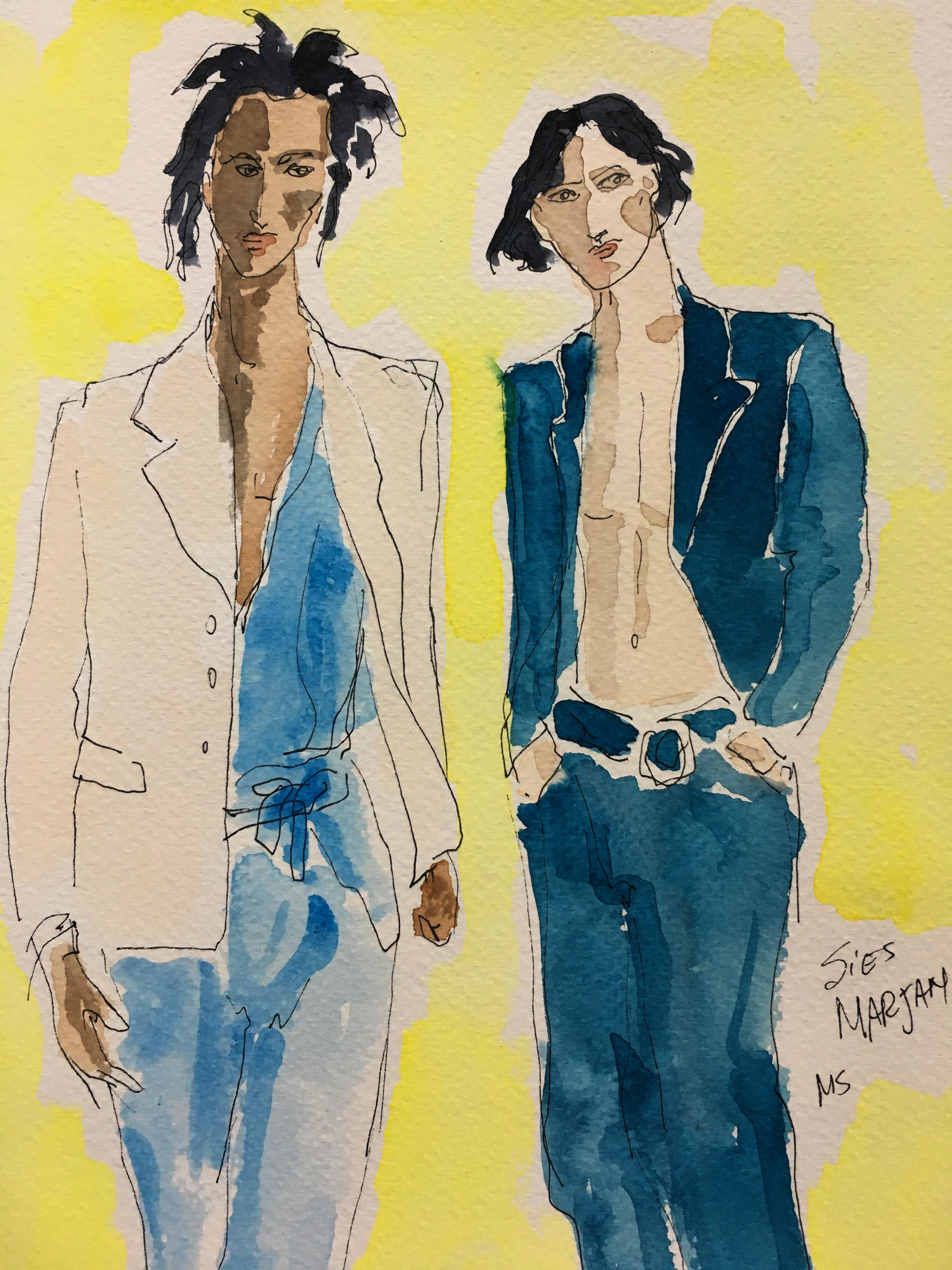 Sies Marjan, Fashio show models 2021 Ink pen and watercolor - Contemporary Art by Manuel Santelices