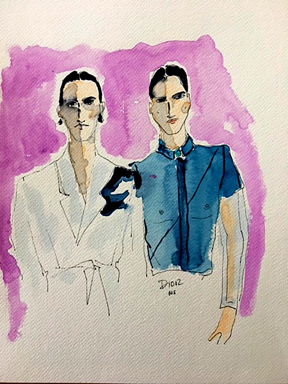 Dior, Fashion show models 2021. Watercolor fashion drawing on paper - Art by Manuel Santelices