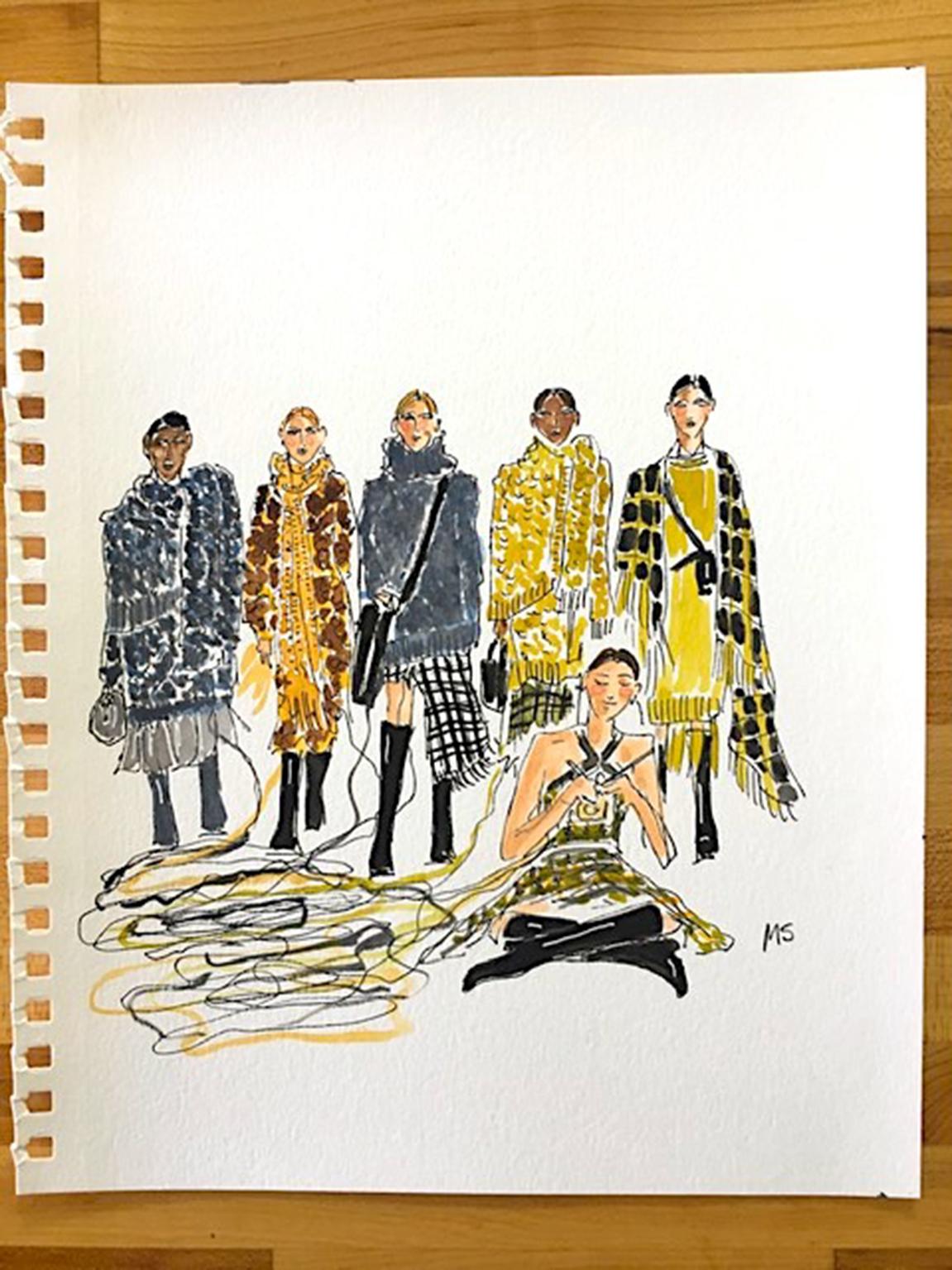 Michael Kors automne, défilé de mode 2020. Dessin à la mode à l'aquarelle sur papier - Art de Manuel Santelices