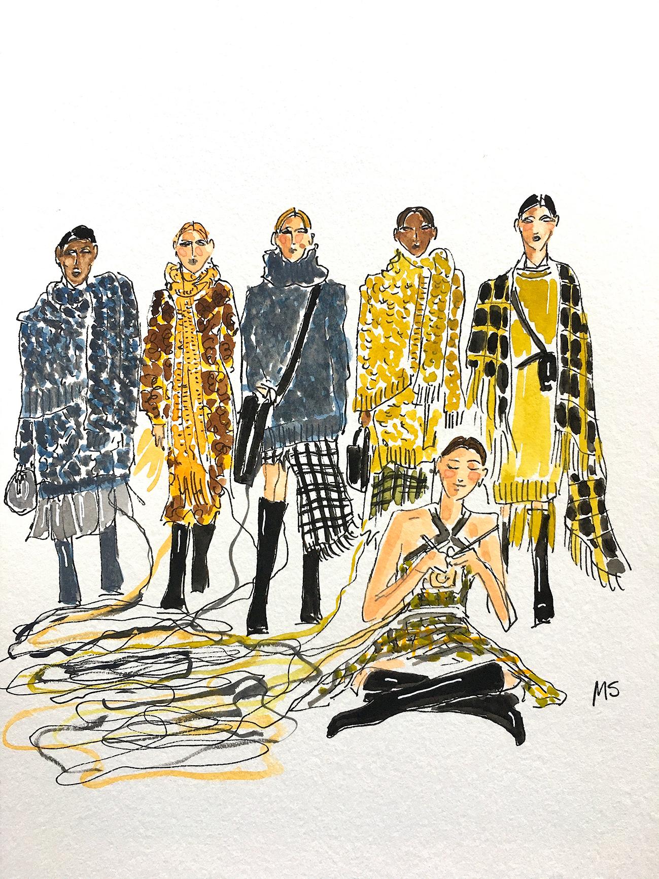Michael Kors Herbst, Modenschau 2020. Aquarell-Mode-Zeichnung auf Papier