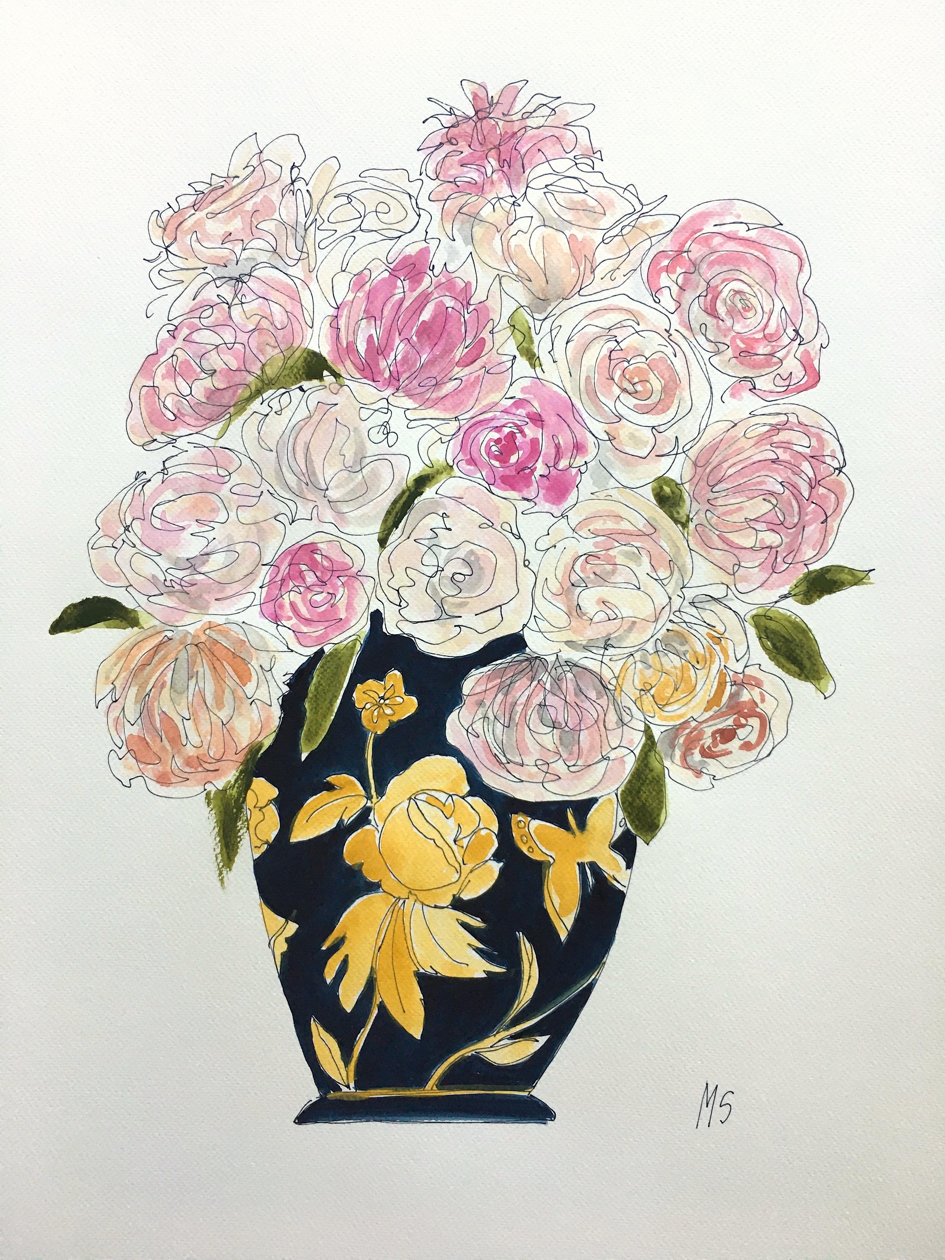 Orchideen und Hydrangeas-Blumen. Tuschestift und Aquarell  Diptychon – Art von Manuel Santelices