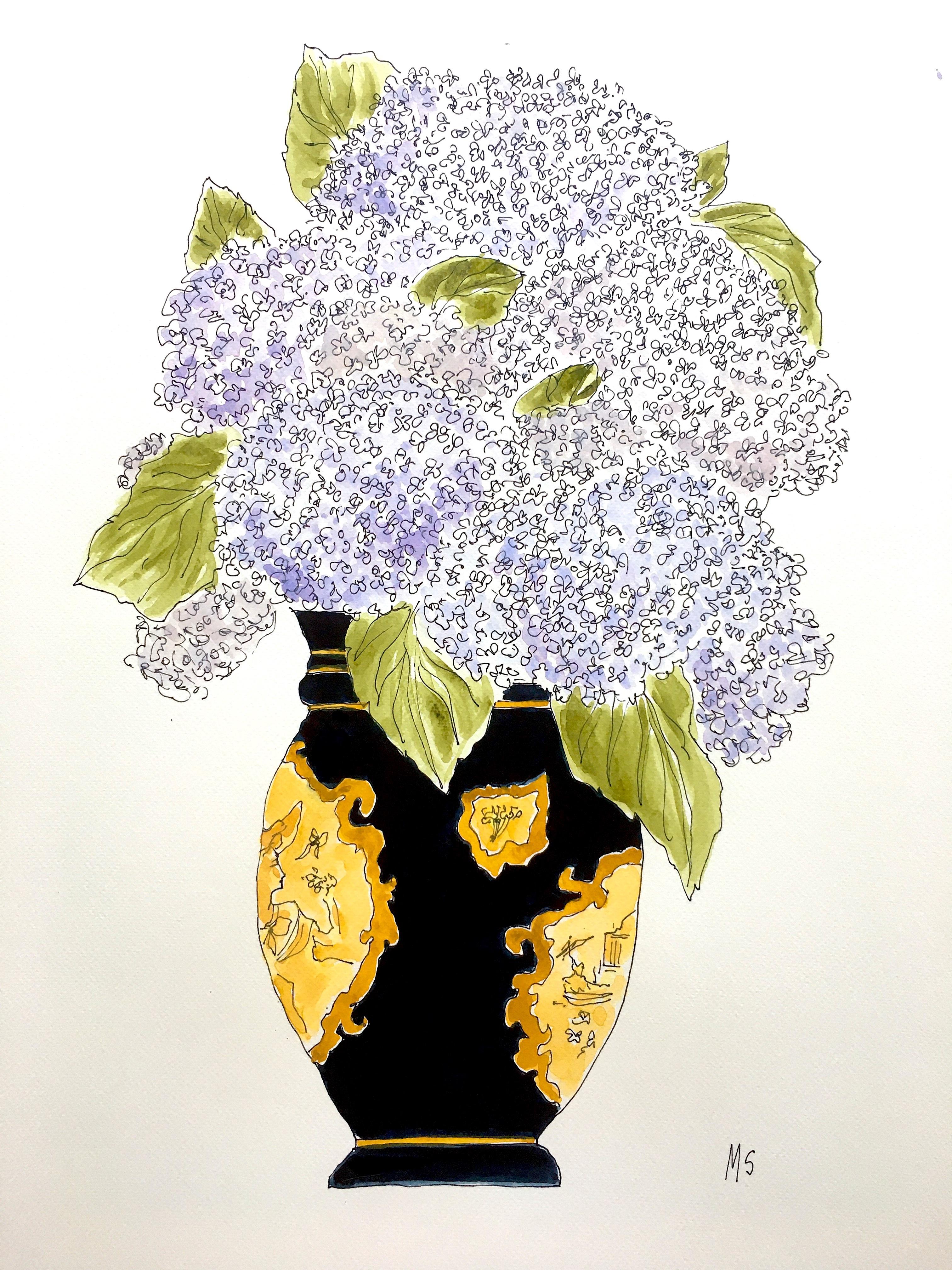 Orchids and Hydrangeas flowers. Ink pen and watercolor  Diptych - Beige Still-Life by Manuel Santelices