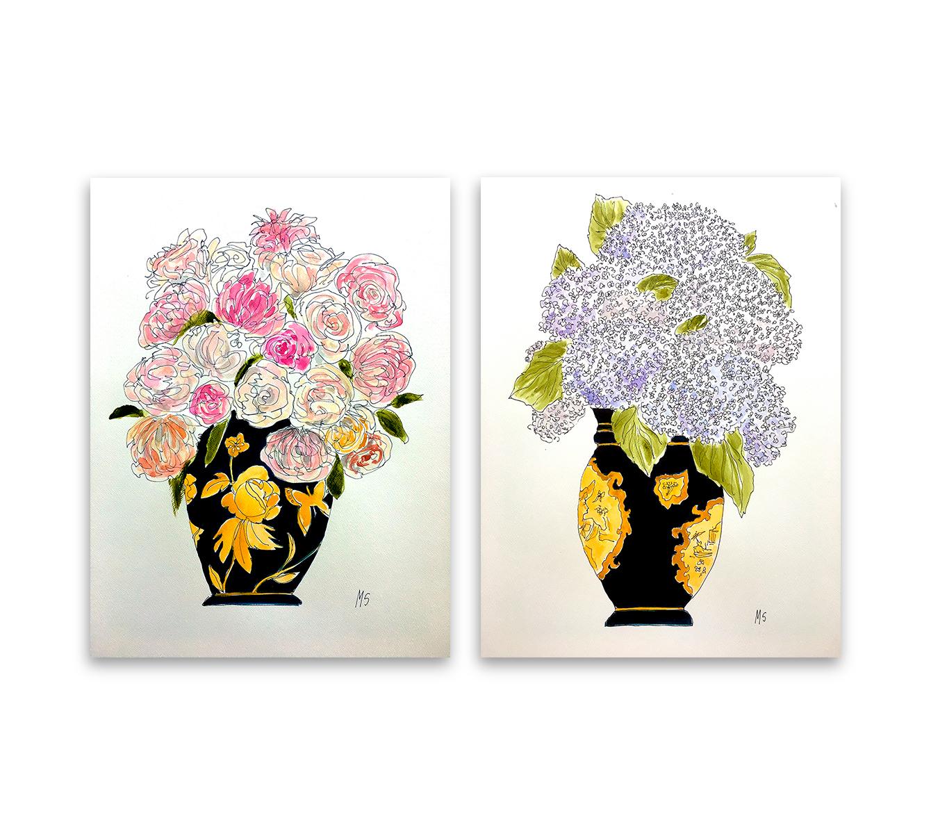 Orchids and Hydrangeas flowers. Ink pen and watercolor  Diptych