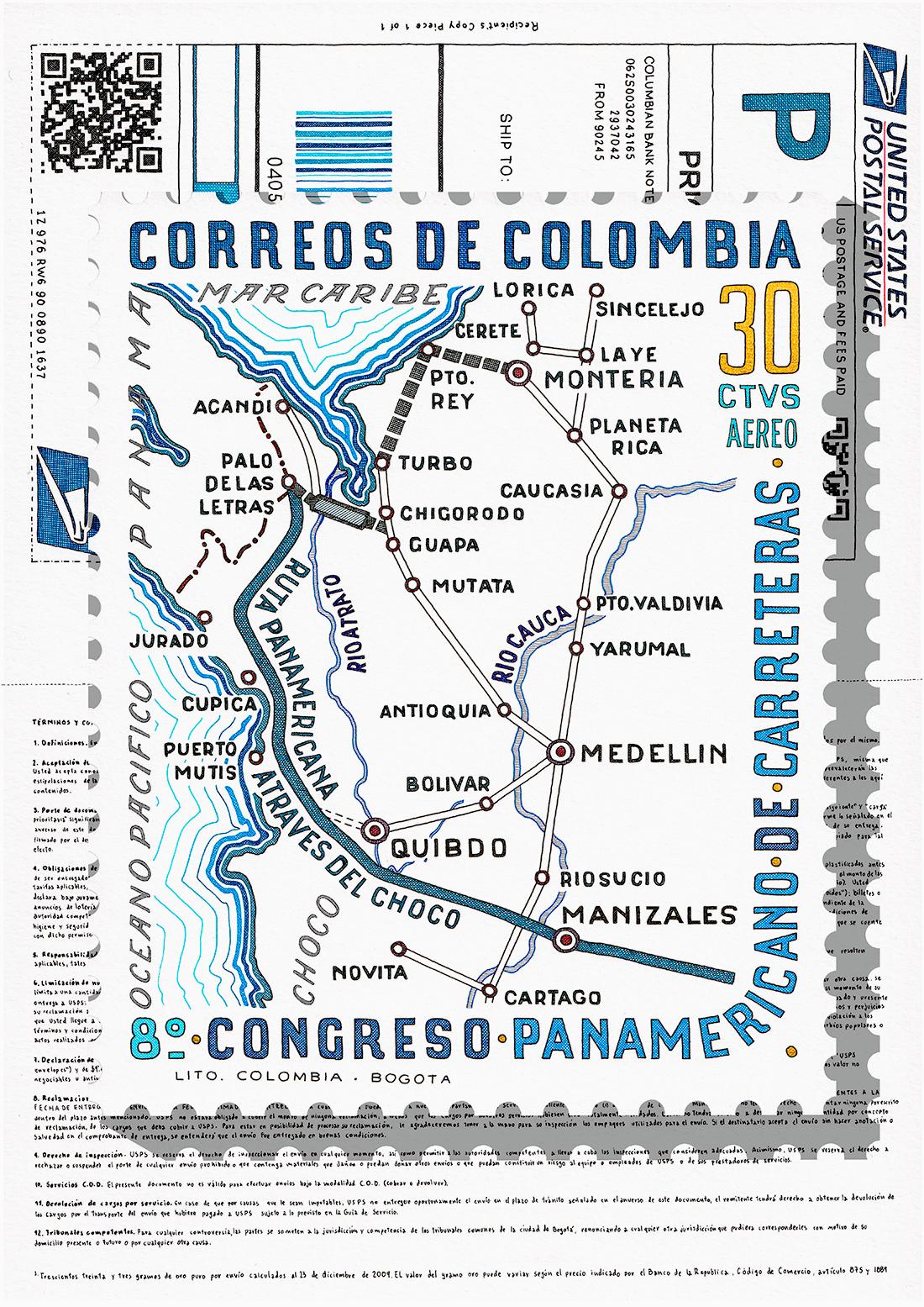 Congreso Panamericano de Carreteras Stamp. Dalla serie #15. Disegno astratto - Art di Rodrigo Spinel 