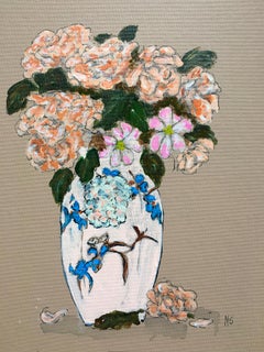 Flowers on Japanese cloissone vase, One of a Kind