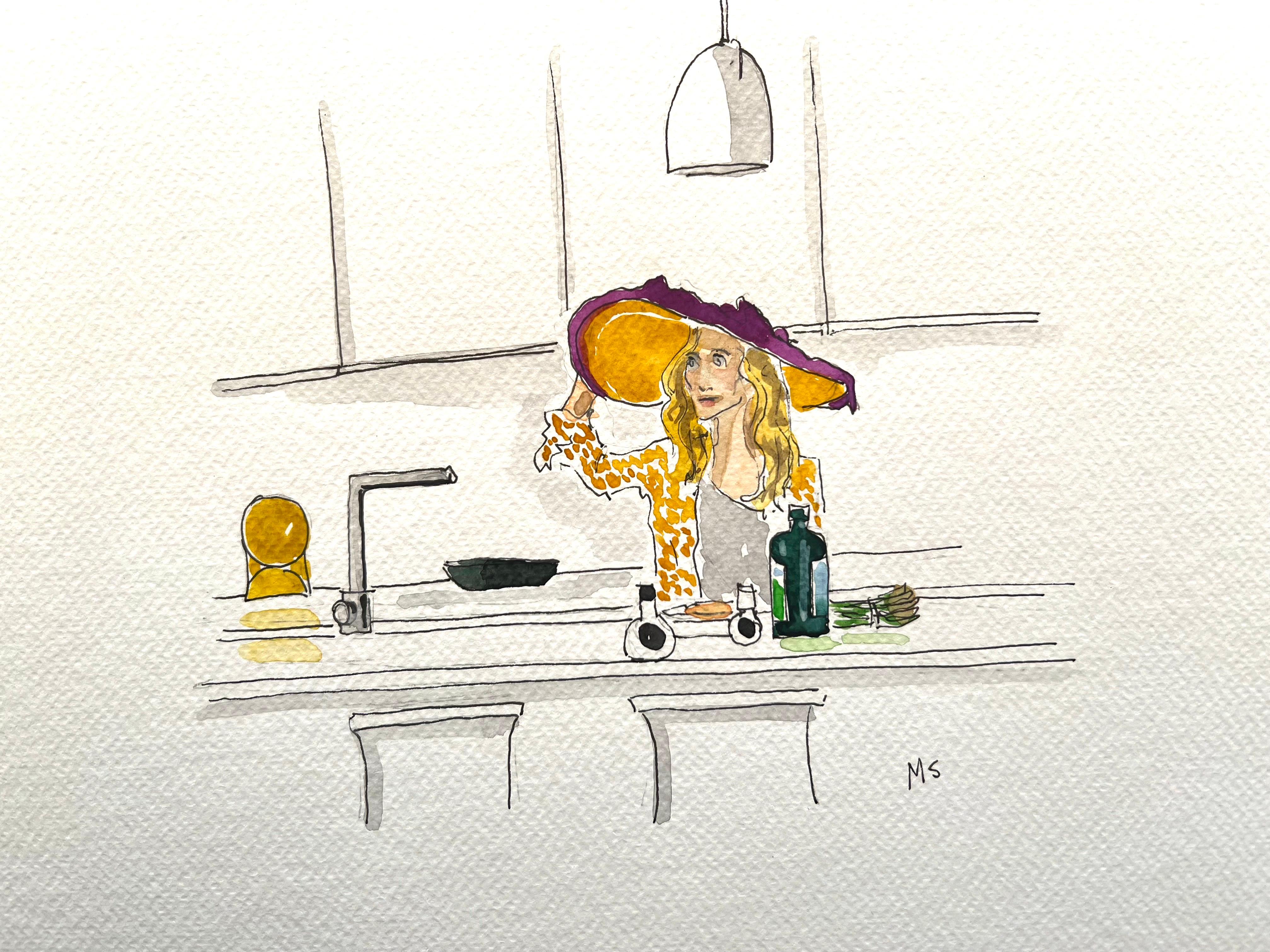Carrie Bradshaw in the kitchen with a hat 