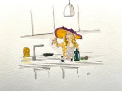 Used Sex in the city, Carrie Bradshaw in the kitchen with a hat. watercolor on paper 