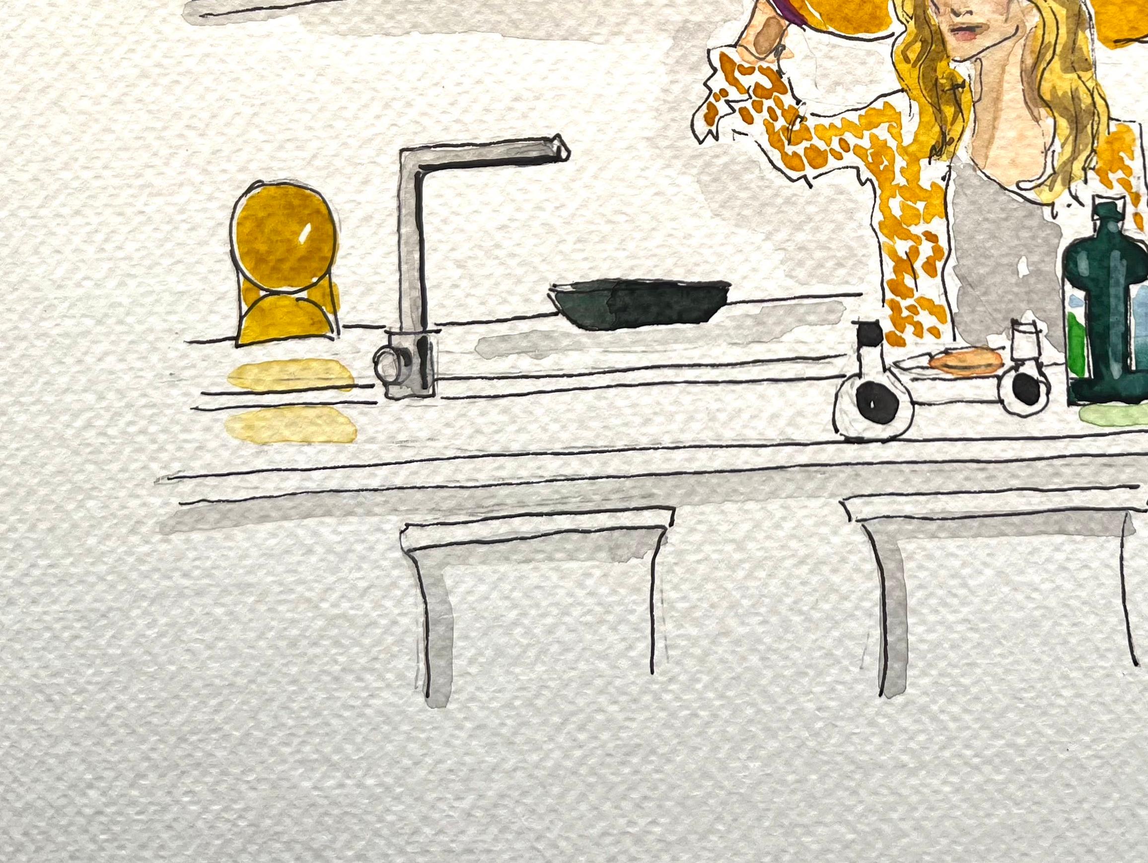 Sex in the city, Carrie Bradshaw in der Küche mit Hut, Aquarell auf Papier  – Art von Manuel Santelices