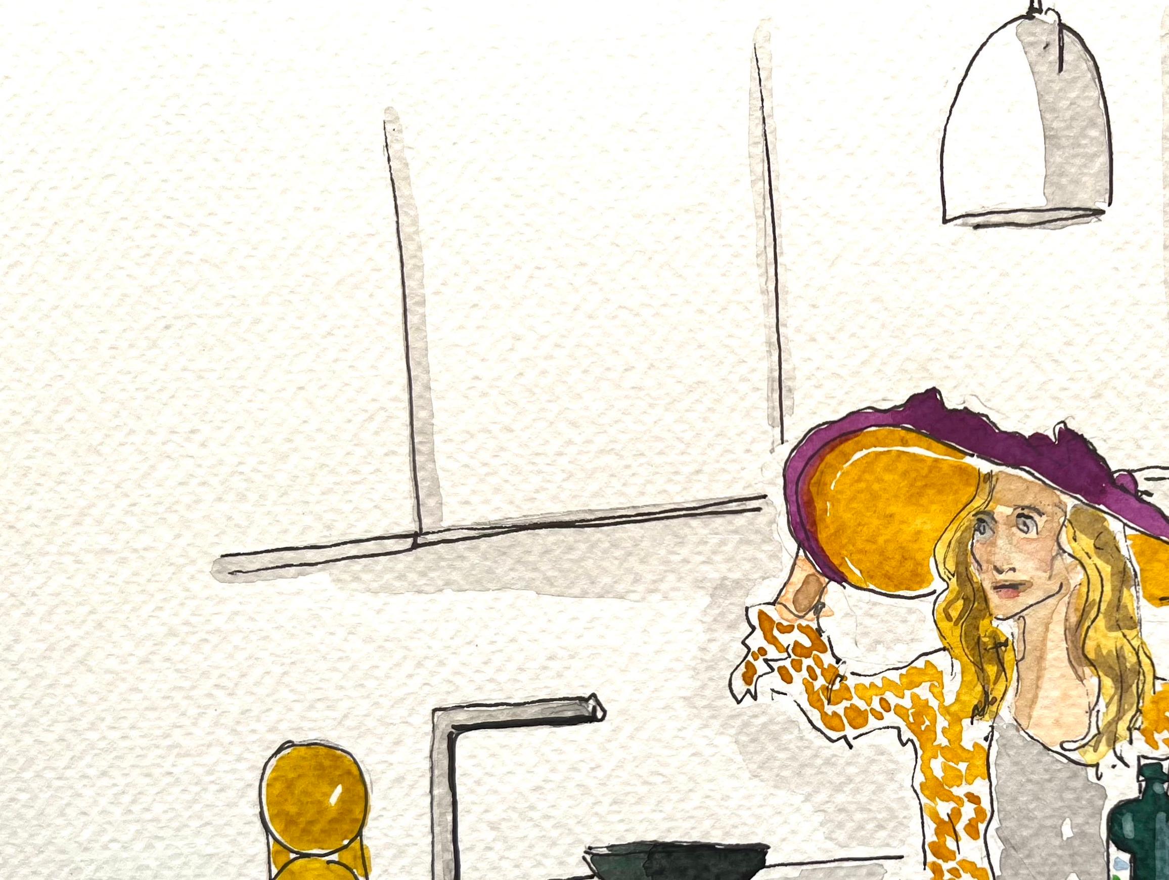 Sex in the city, Carrie Bradshaw in der Küche mit Hut, Aquarell auf Papier  (Zeitgenössisch), Art, von Manuel Santelices