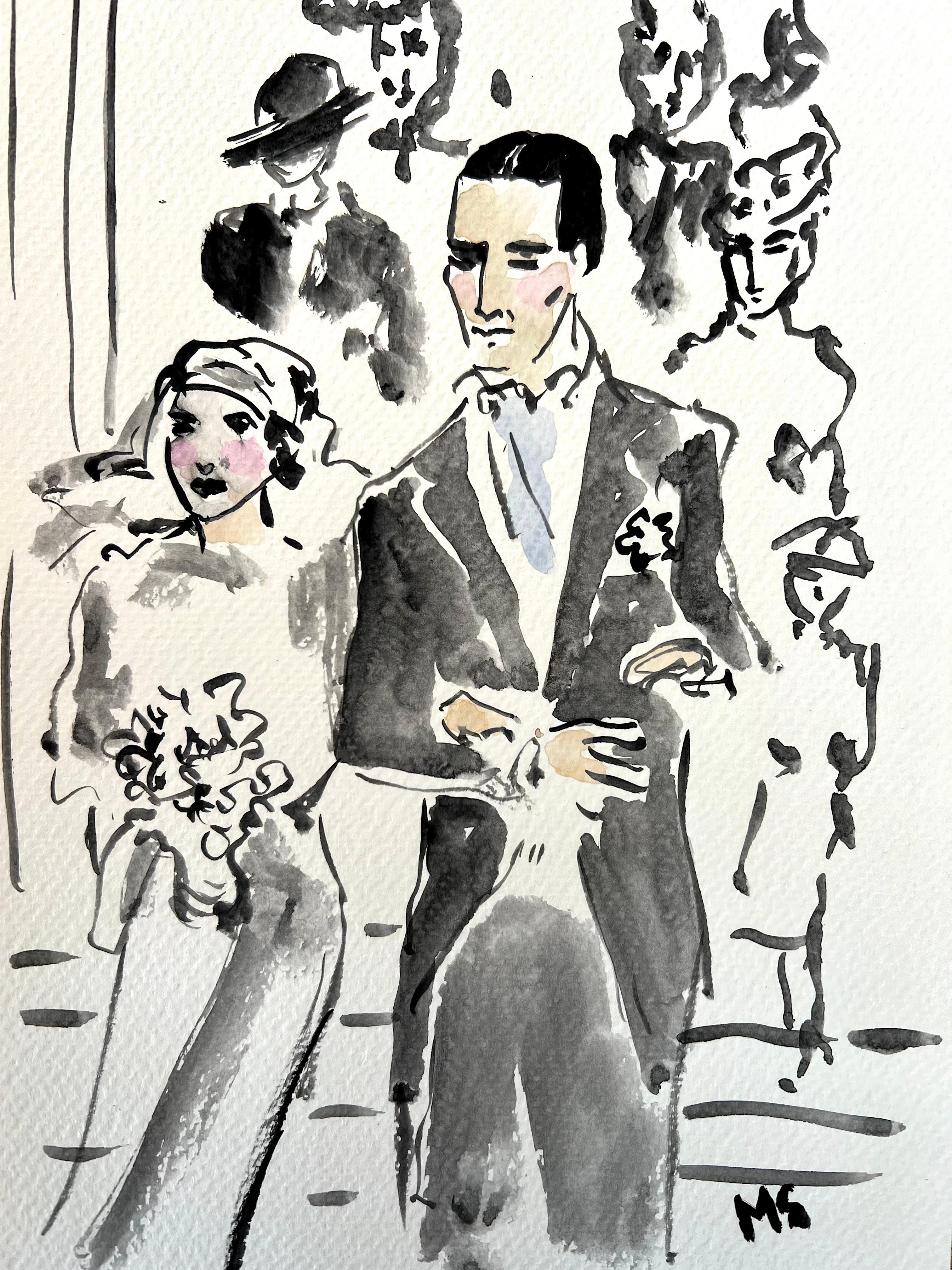 Die Hochzeit von Teresa Martini und John Oliver in Rom im Jahr 1929. Aquarell