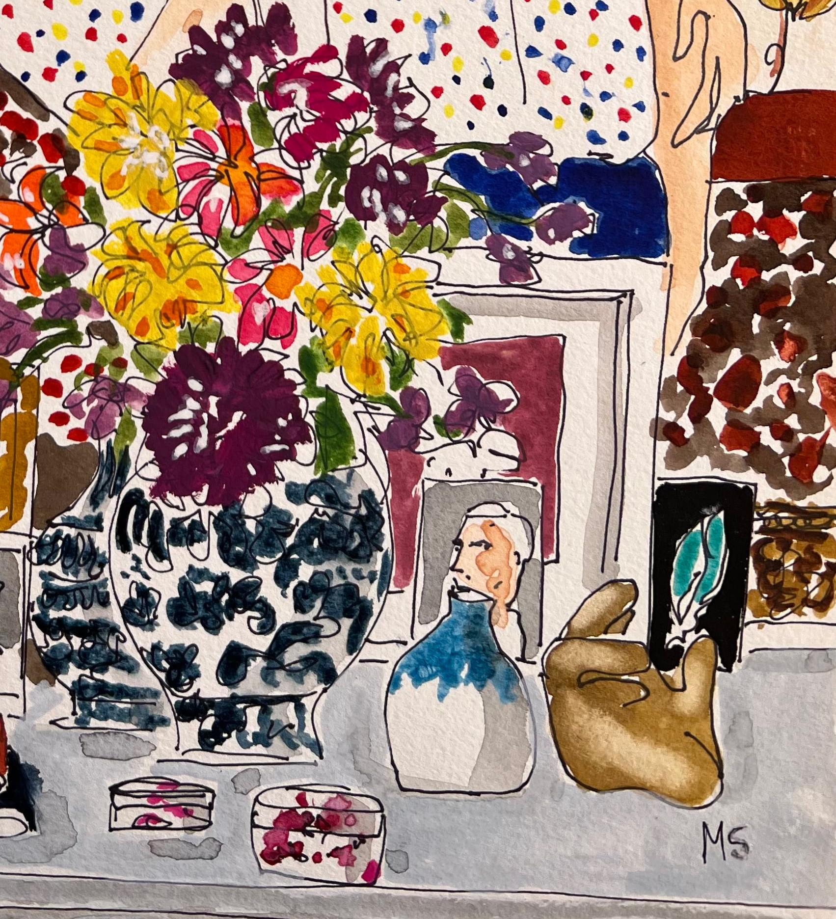 Un coin de la maison du créateur de mode Dries van Noten. Intérieurs en aquarelle - Beige Portrait par Manuel Santelices