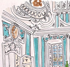 Interiors of a Hotel in Como, Italy. Ink and watercolor on paper