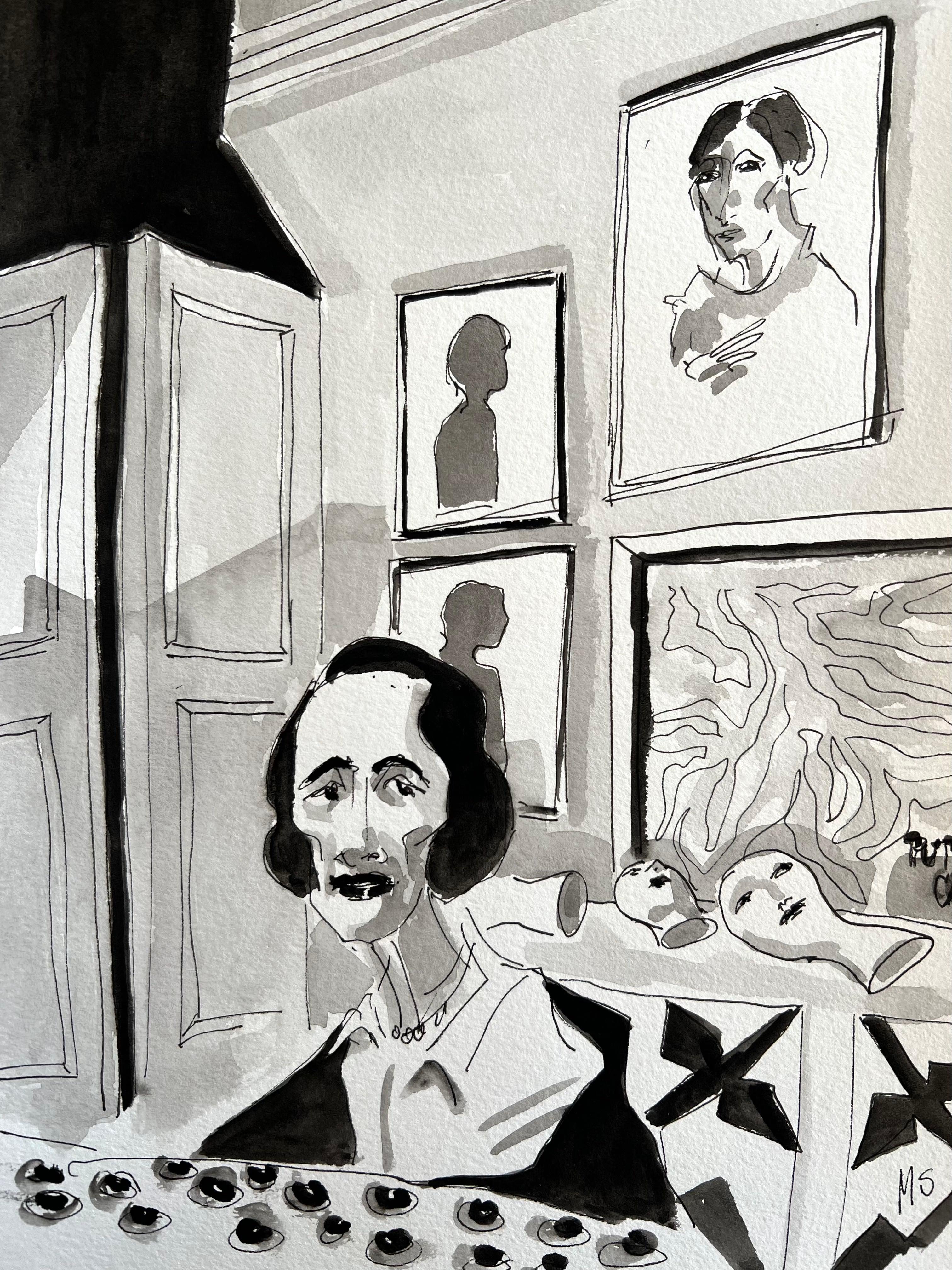 Diana Vreeland at home. Ink and gouache on paper