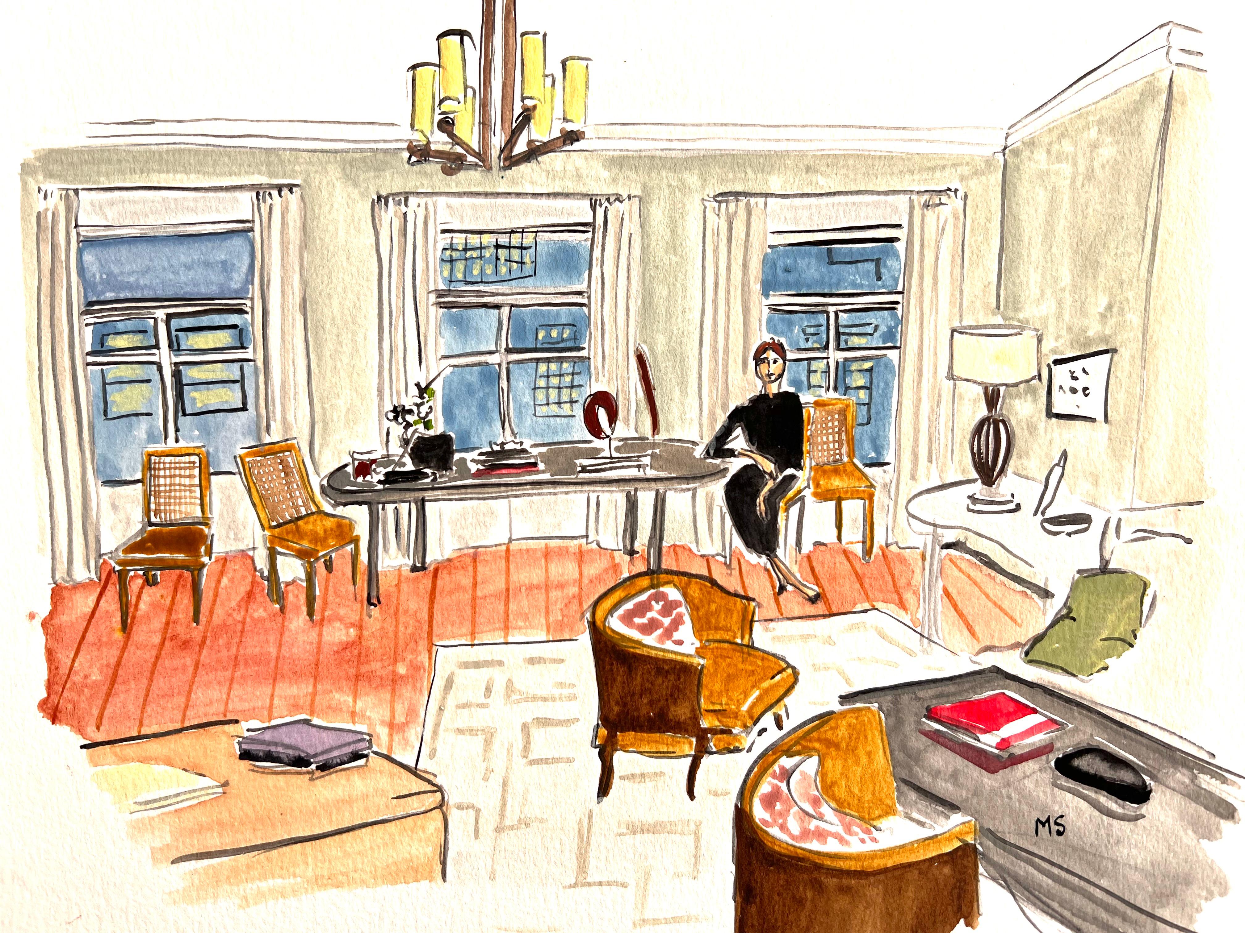 Manuel Santelices Figurative Art - Interior designer Sandra Nunnerley at home. Ink and watercolor interiors