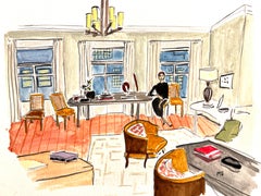 Interior designer Sandra Nunnerley at home. Ink and watercolor interiors
