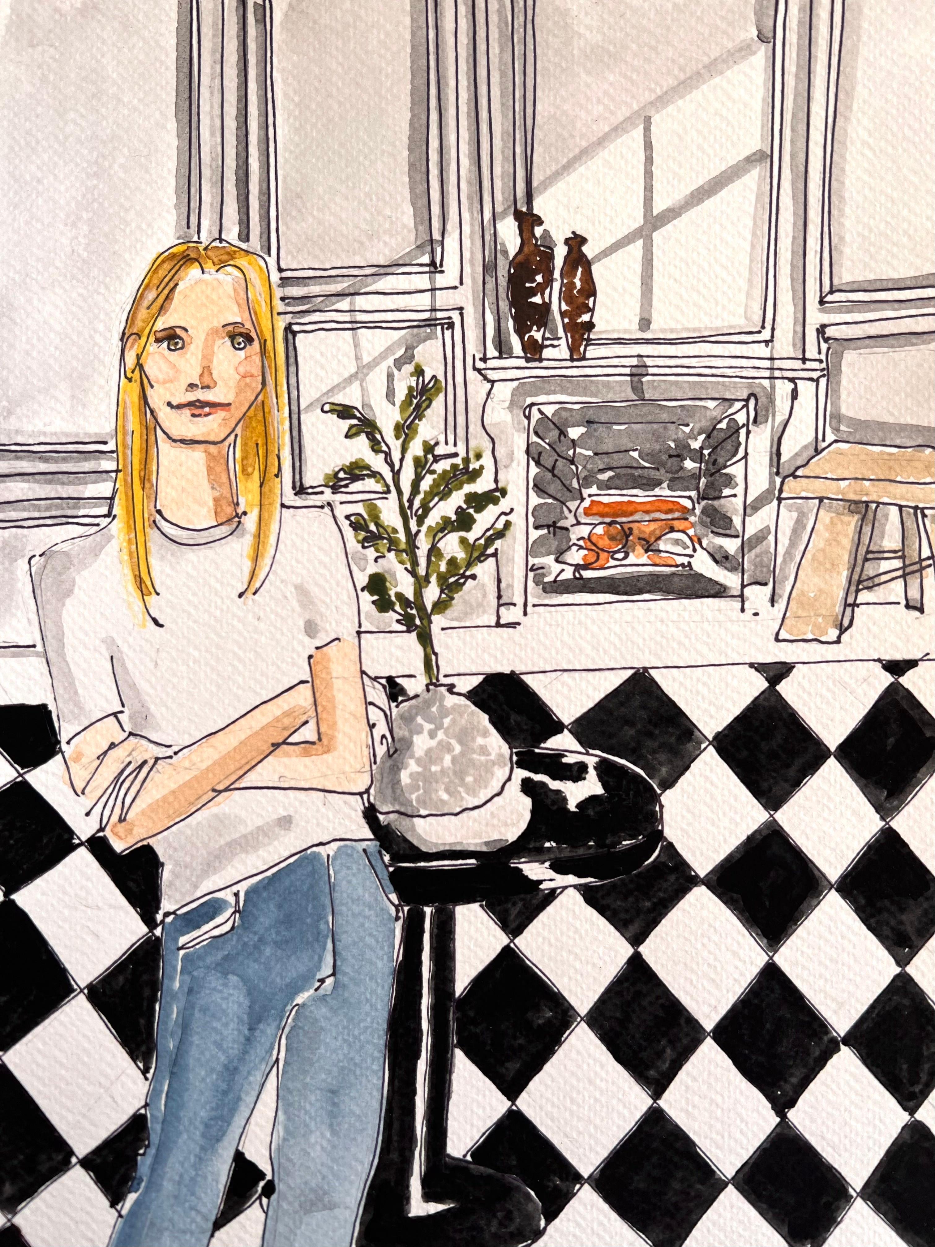 Manuel Santelices Figurative Art - Actress Gwyneth Paltrow at home in Montecito, CA Ink and watercolor on paper