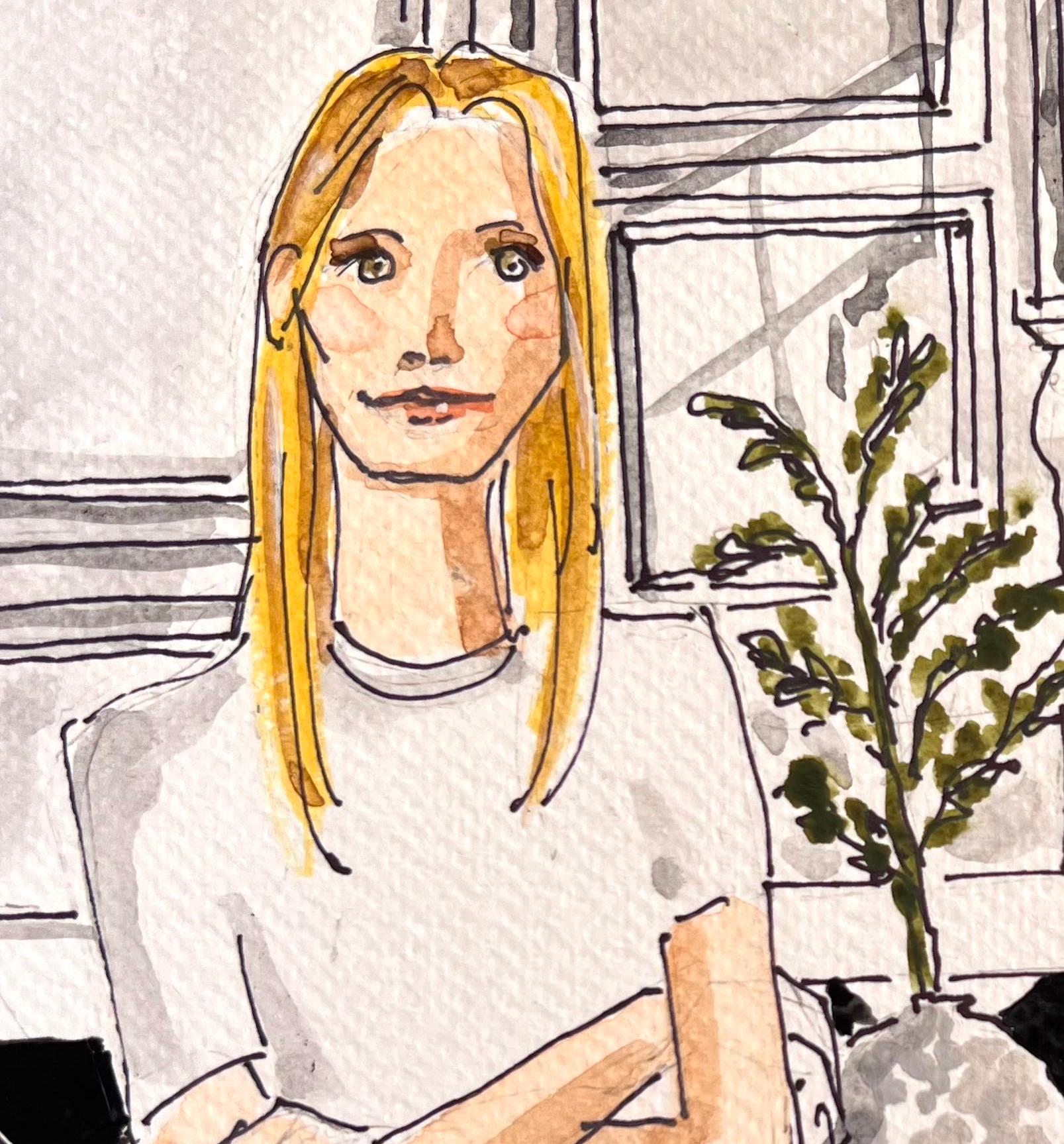 Actress Gwyneth Paltrow at home in Montecito, CA Ink and watercolor on paper - Art by Manuel Santelices
