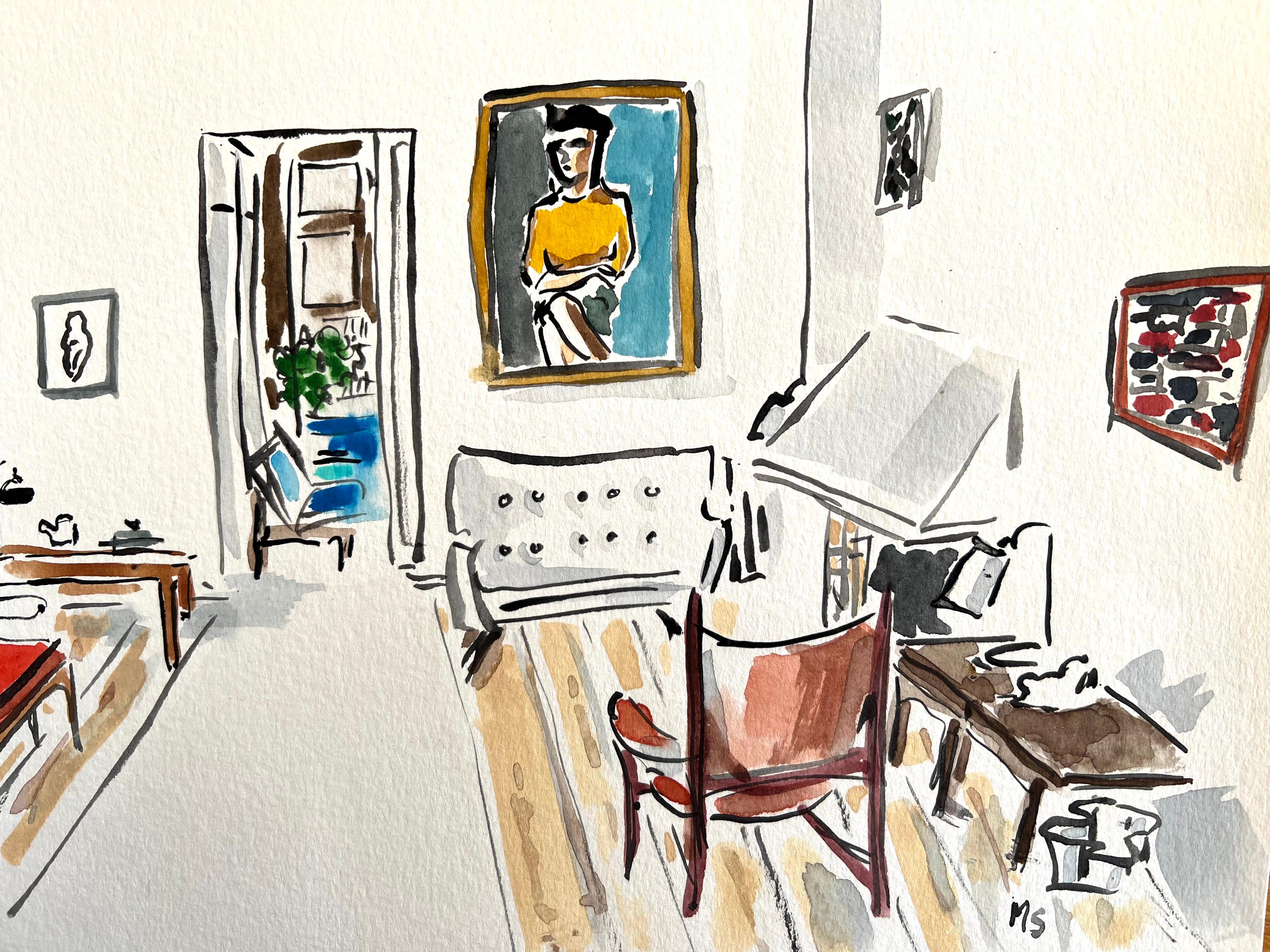 Manuel Santelices Interior Art – Das Haus des Möbeldesigners und Architekten Finn Juhl. Aquarell- und Gouache-Gemälde auf Papier.