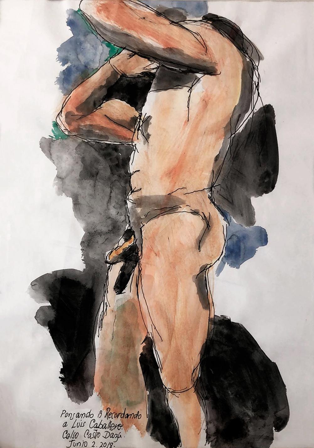 Celso José Castro Daza Figurative Art - Pensando & recordando a Luis Caballero, Nude Watercolor on paper