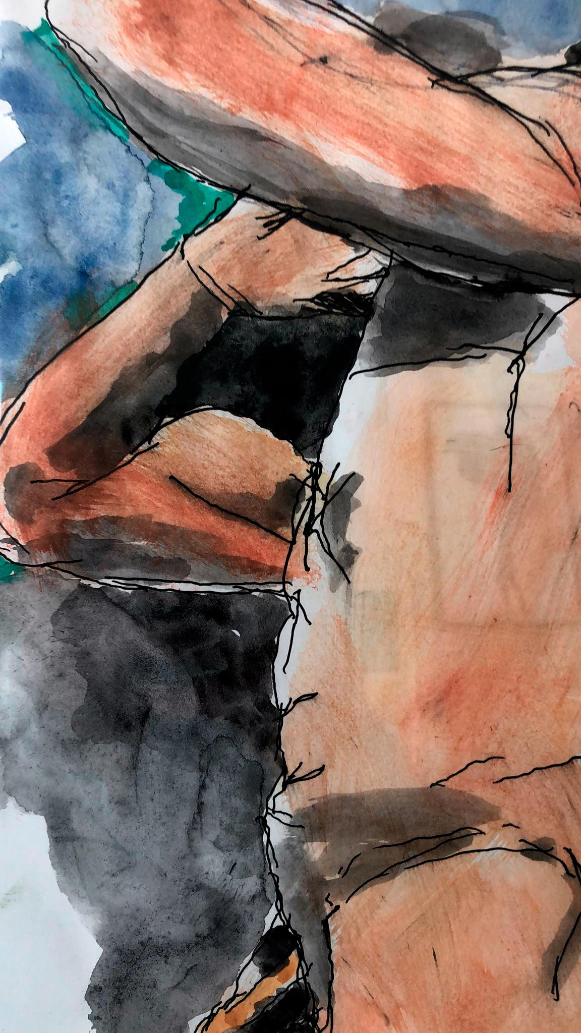 Pensando & recordando a Luis Caballero, Nude Watercolor on paper - Art by Celso José Castro Daza