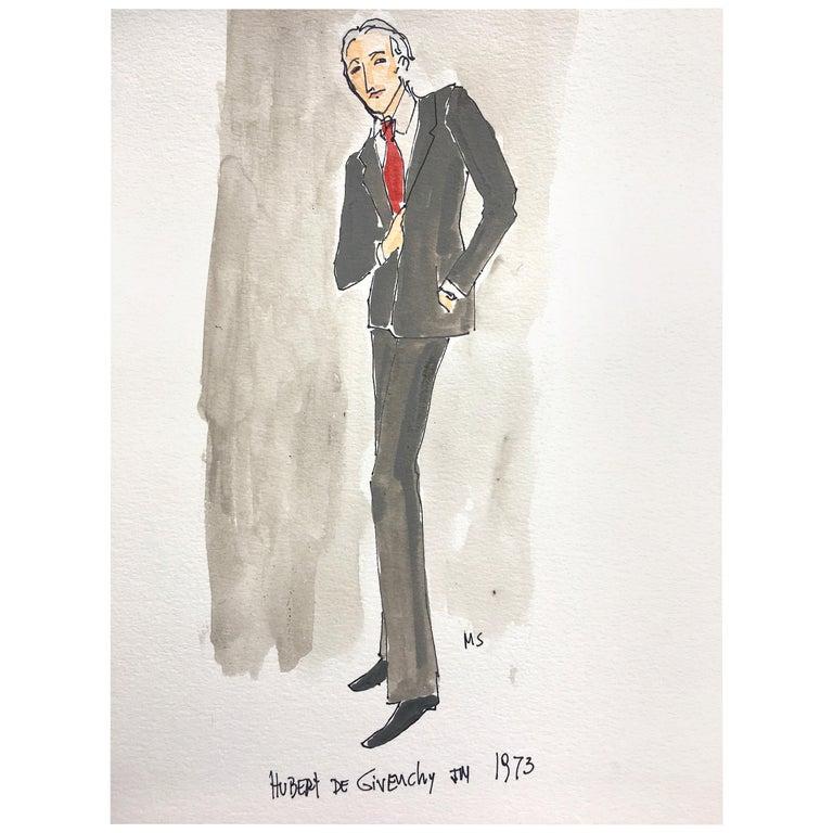 Manuel Santelices Figurative Art - Hubert de Givenchy in 1973, Watercolor and Ink on Paper
