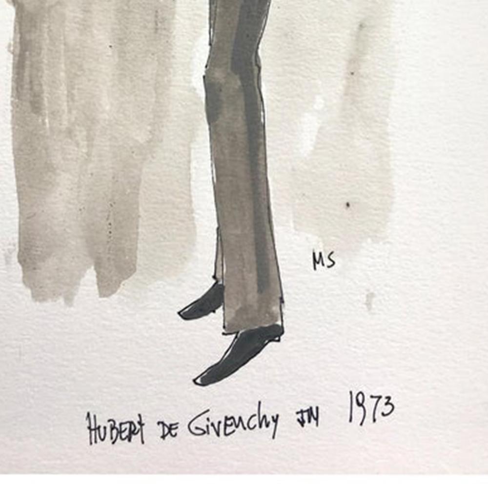 Hubert de Givenchy in 1973, Watercolor and Ink on Paper - Contemporary Art by Manuel Santelices