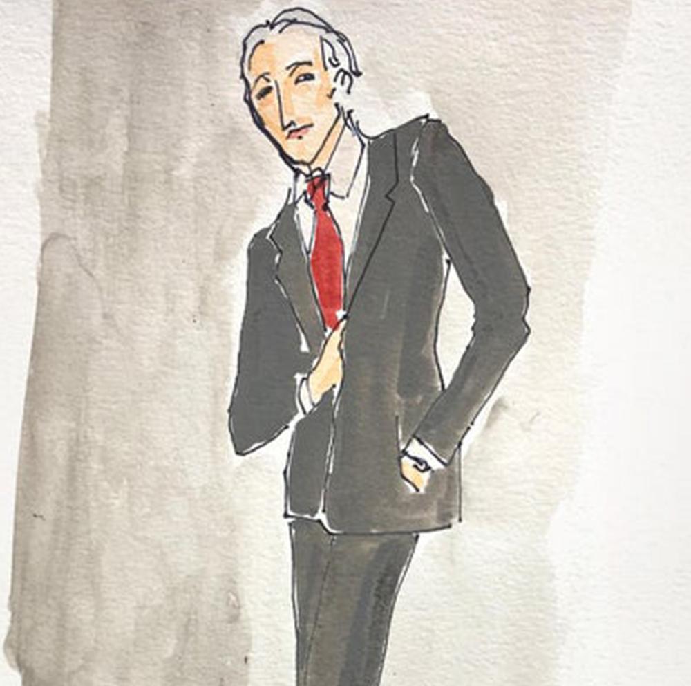Hubert de Givenchy in 1973, Watercolor and Ink on Paper - Art by Manuel Santelices