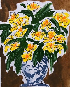 Vintage Flower Vase, Yellow  Watercolor painting on paper