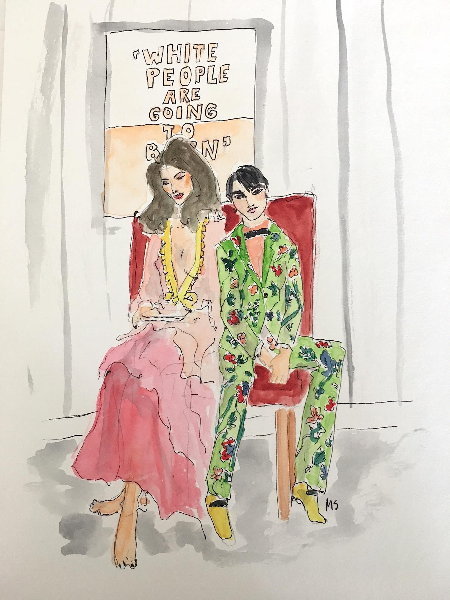 Manuel Santelices Figurative Art - Stephanie Seymour and Harry Brant. Watercolor on Archival Paper, 2017