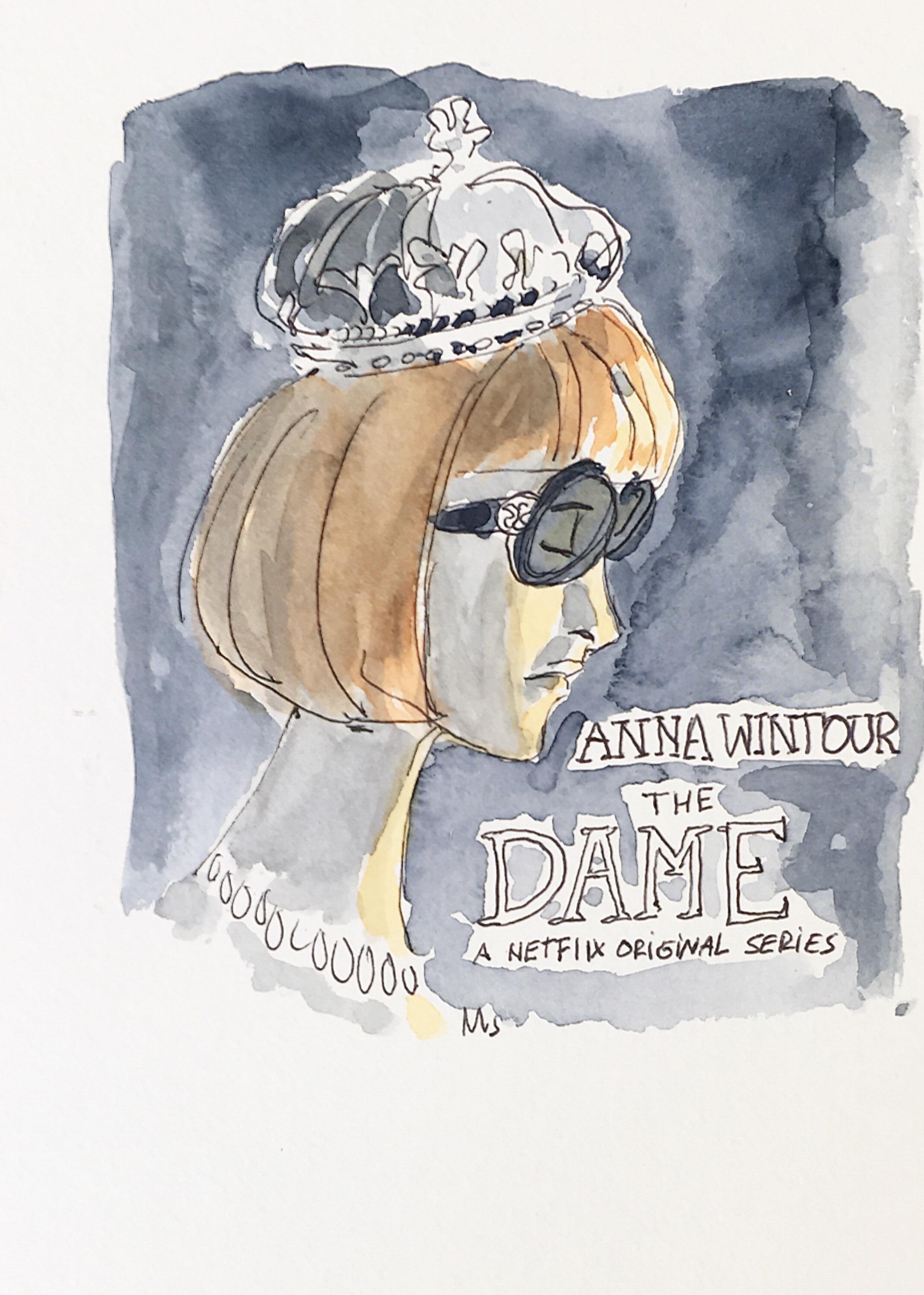 Anna Wintour, The Dame, Watercolor fashion, portrait on archive paper.