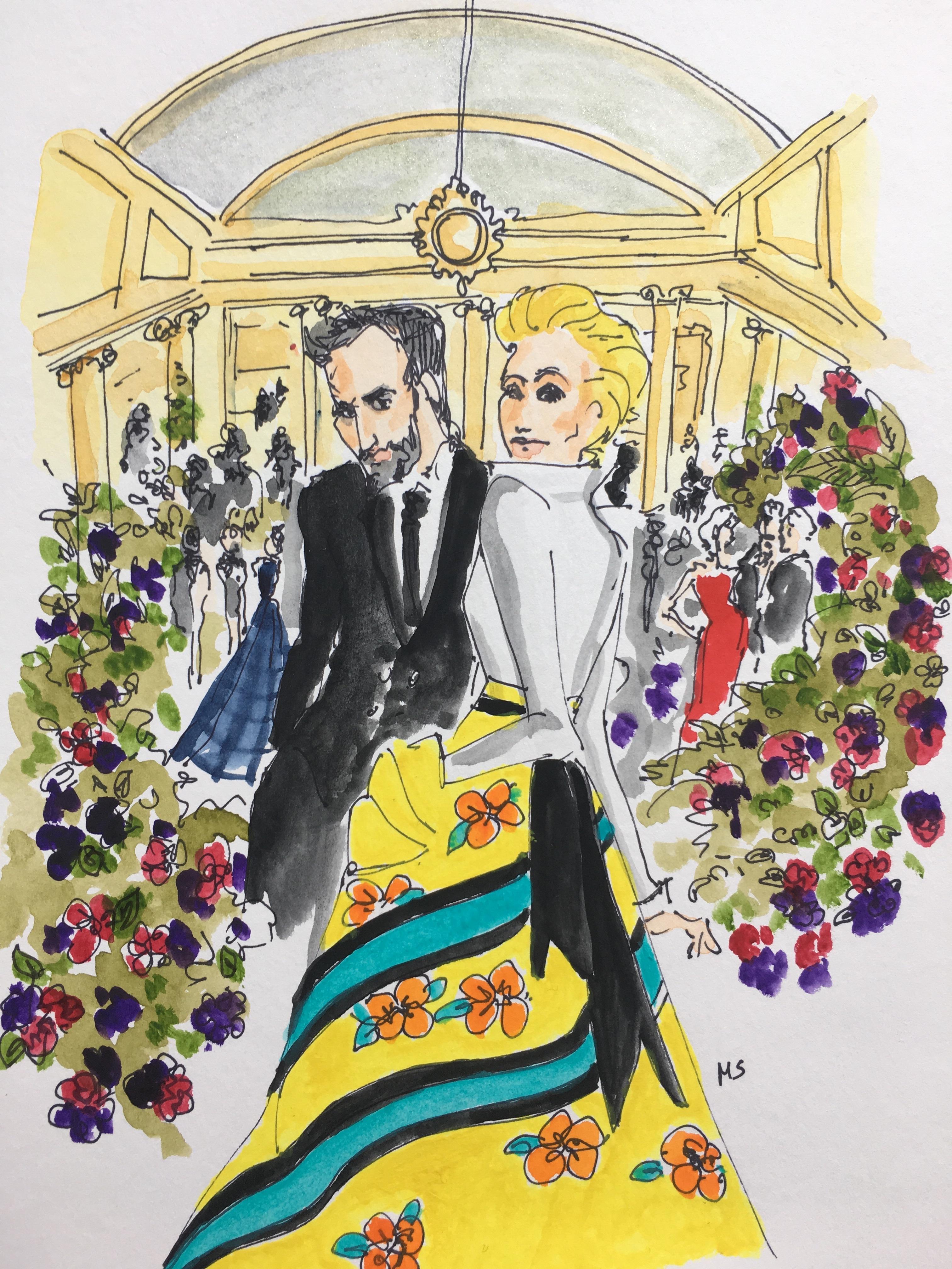 Manuel Santelices Figurative Art - Carolina and Nicolas an the Frick, Watercolor fashion, portrait on archive paper